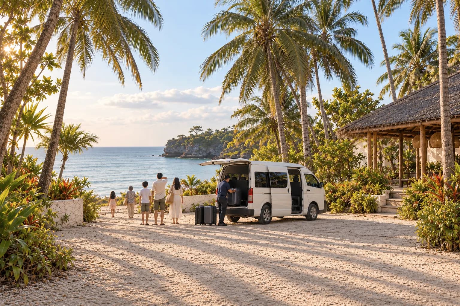 A driver unloads suitcases from a white van at a quiet beach resort in Anda, Bohol, as a family looks toward the sea