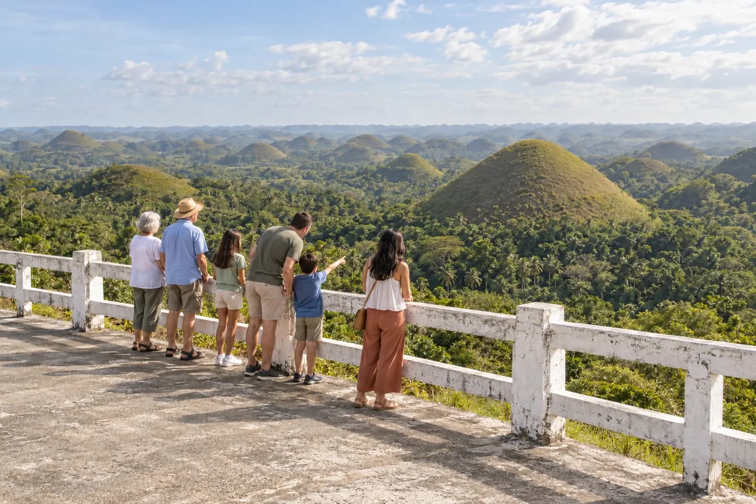 A family looks out over the Chocolate Hills from the viewing deck in Carmen, Bohol