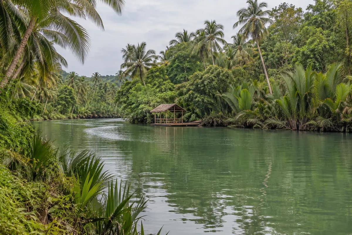 The green Loboc River lined with palms, Bohol