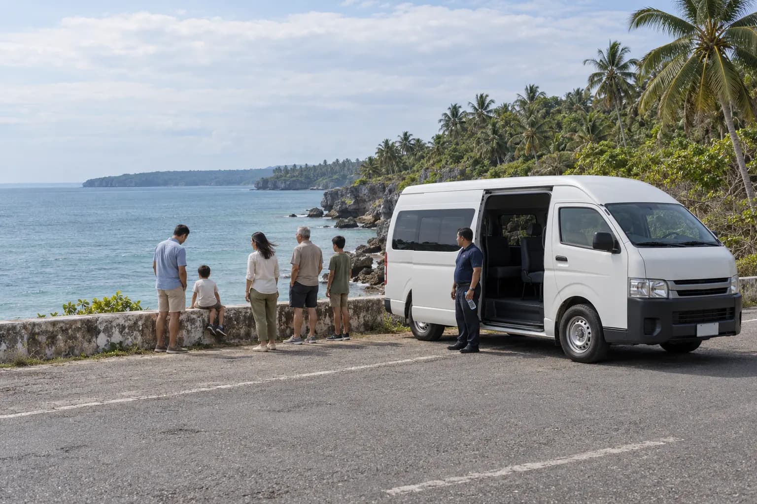 A family stops at a sea wall on Bohol's south-coast road beside a white van